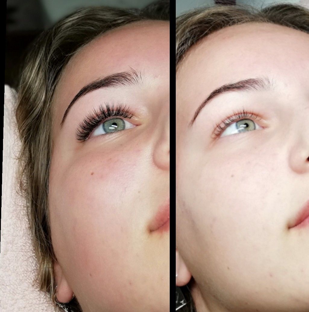 Groen oog met en zonder wimperextensions naast elkaar