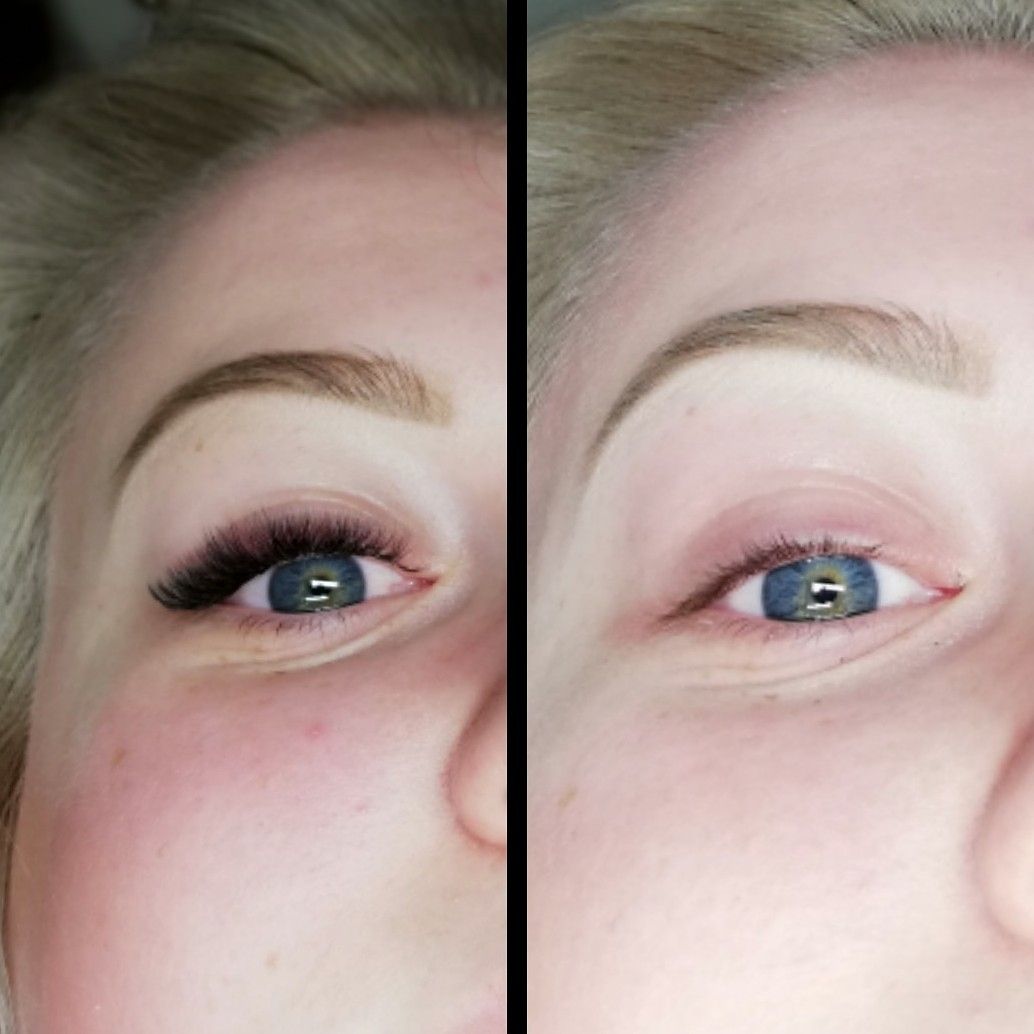 Blauw oog met en zonder wimperextensions naast elkaar