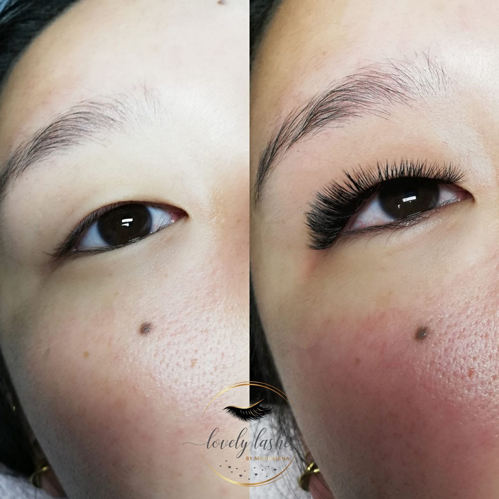 Bruin oog eerst zonder en daarna met volle wimperextensions